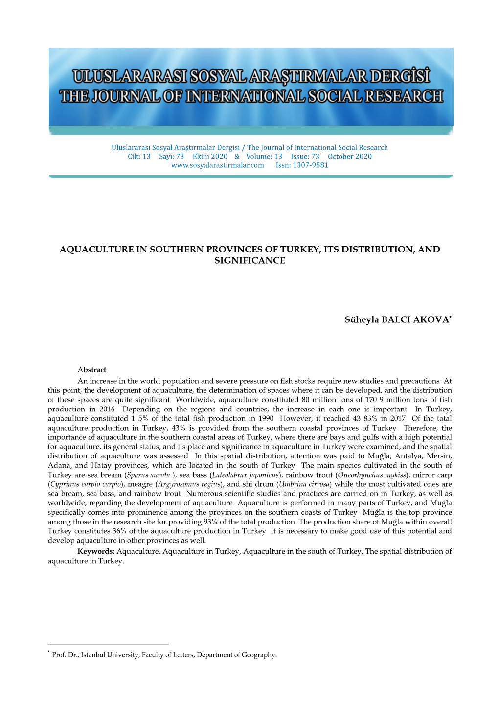 Aquaculture in Southern Provinces of Turkey, Its Distribution, and Significance