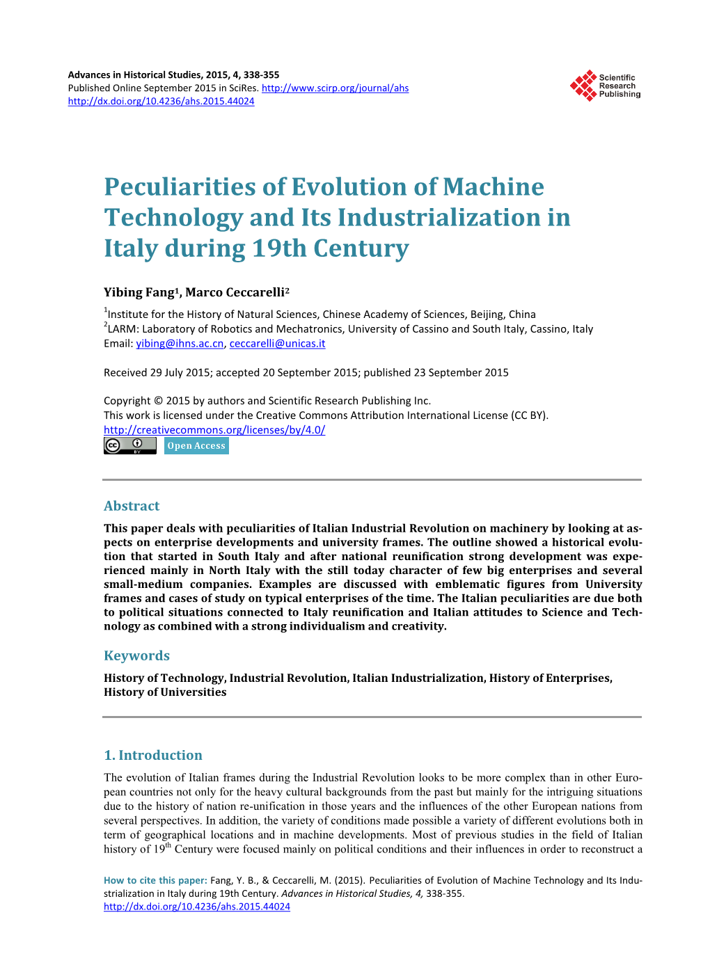 Peculiarities of Evolution of Machine Technology and Its Industrialization in Italy During 19Th Century