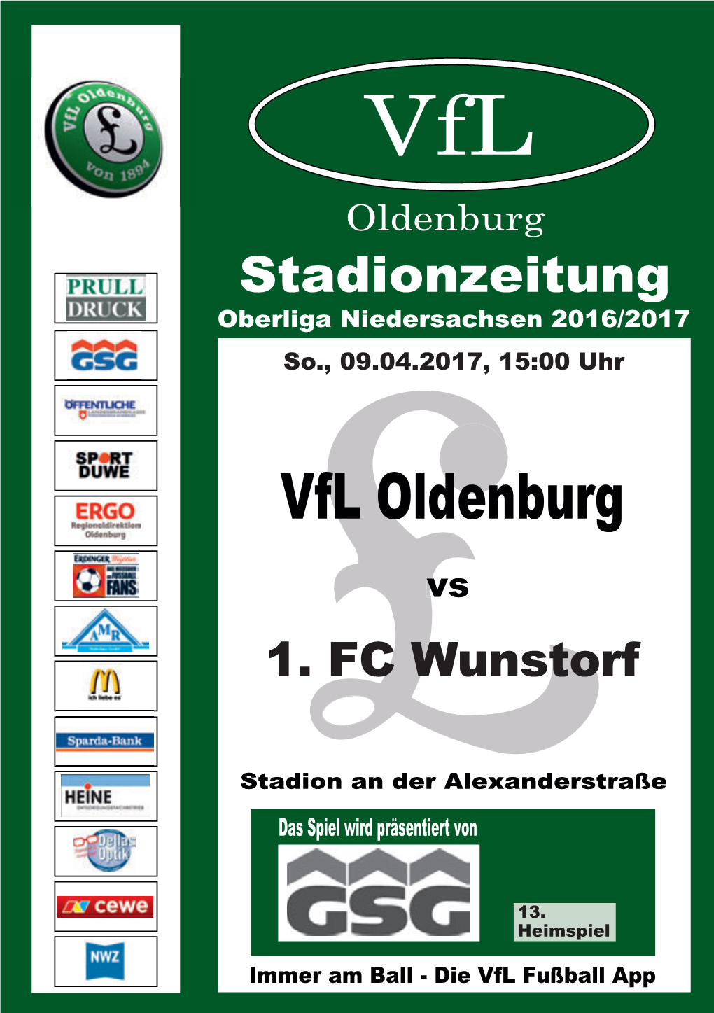 Vfl Oldenburg Stadionzeitung Oberliga Niedersachsen 2016/2017 So., 09.04.2017, 15:00 Uhr