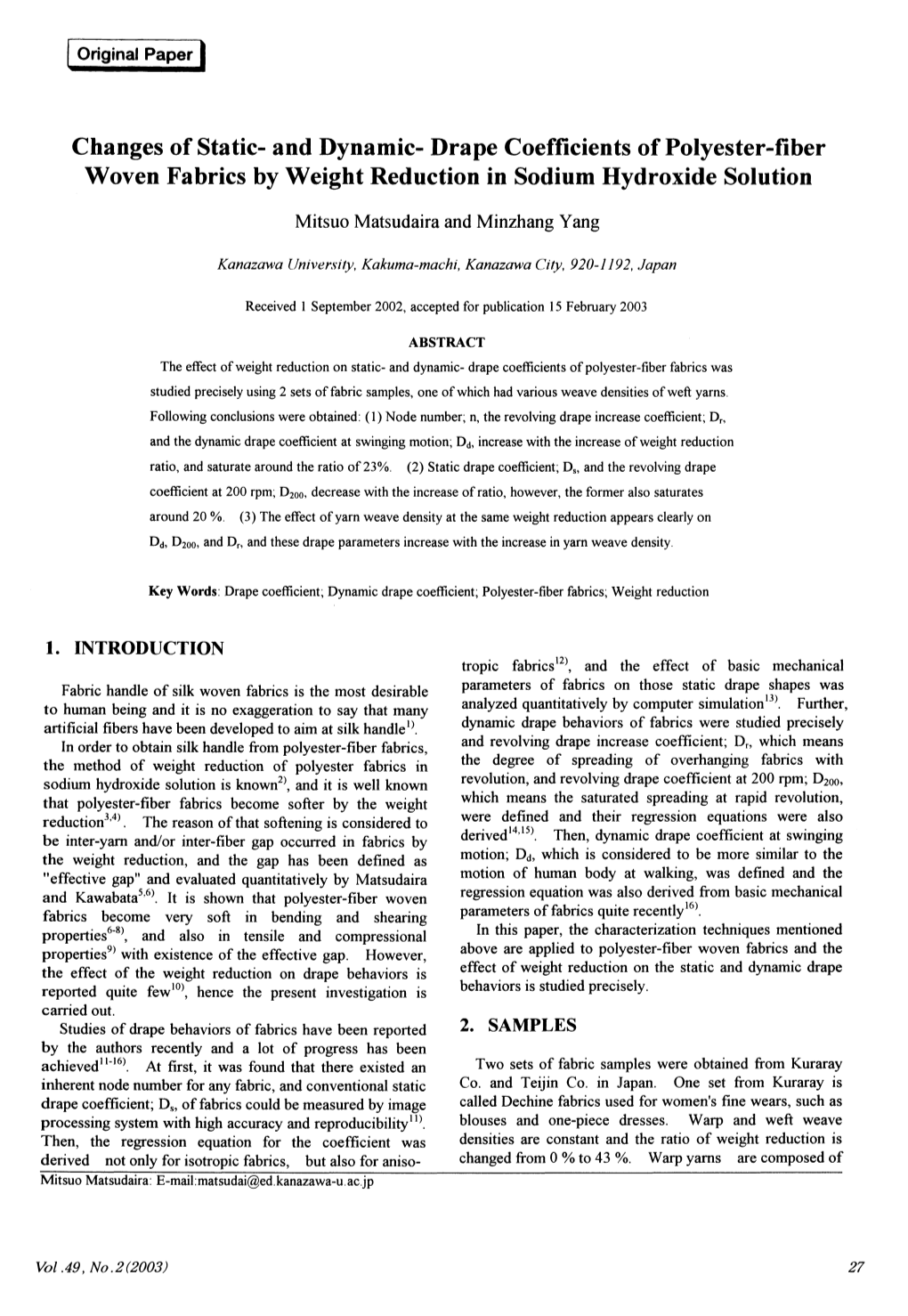 Drape Coefficients of Polyester-Fiber Woven Fabrics by Weight Reduction in Sodium Hydroxide Solution