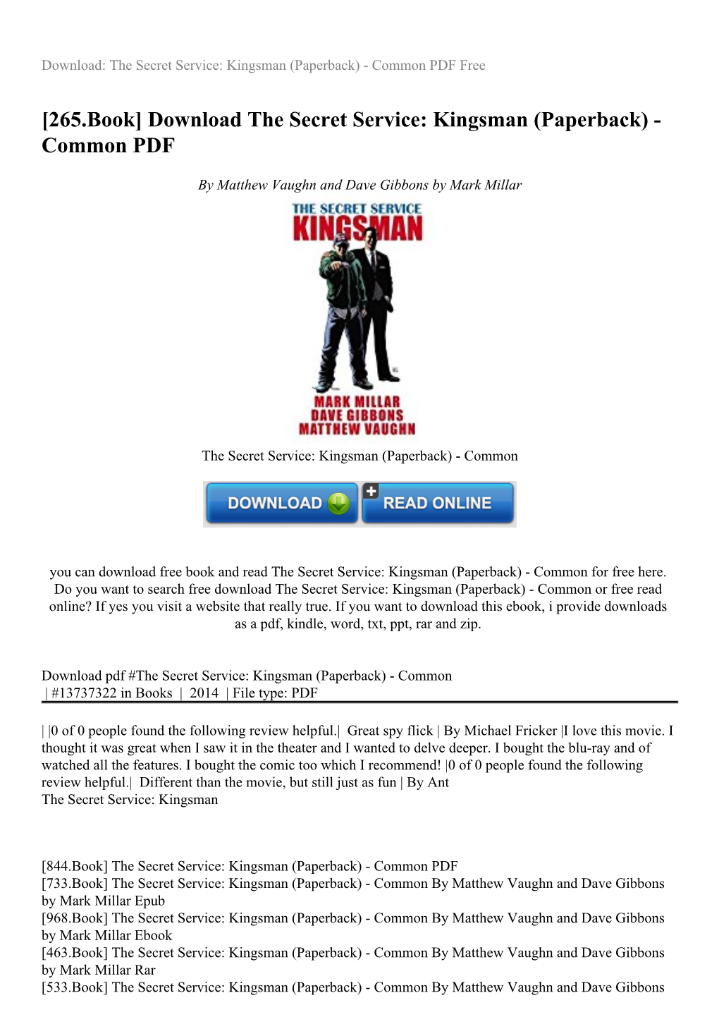 Download the Secret Service: Kingsman (Paperback) - Common PDF