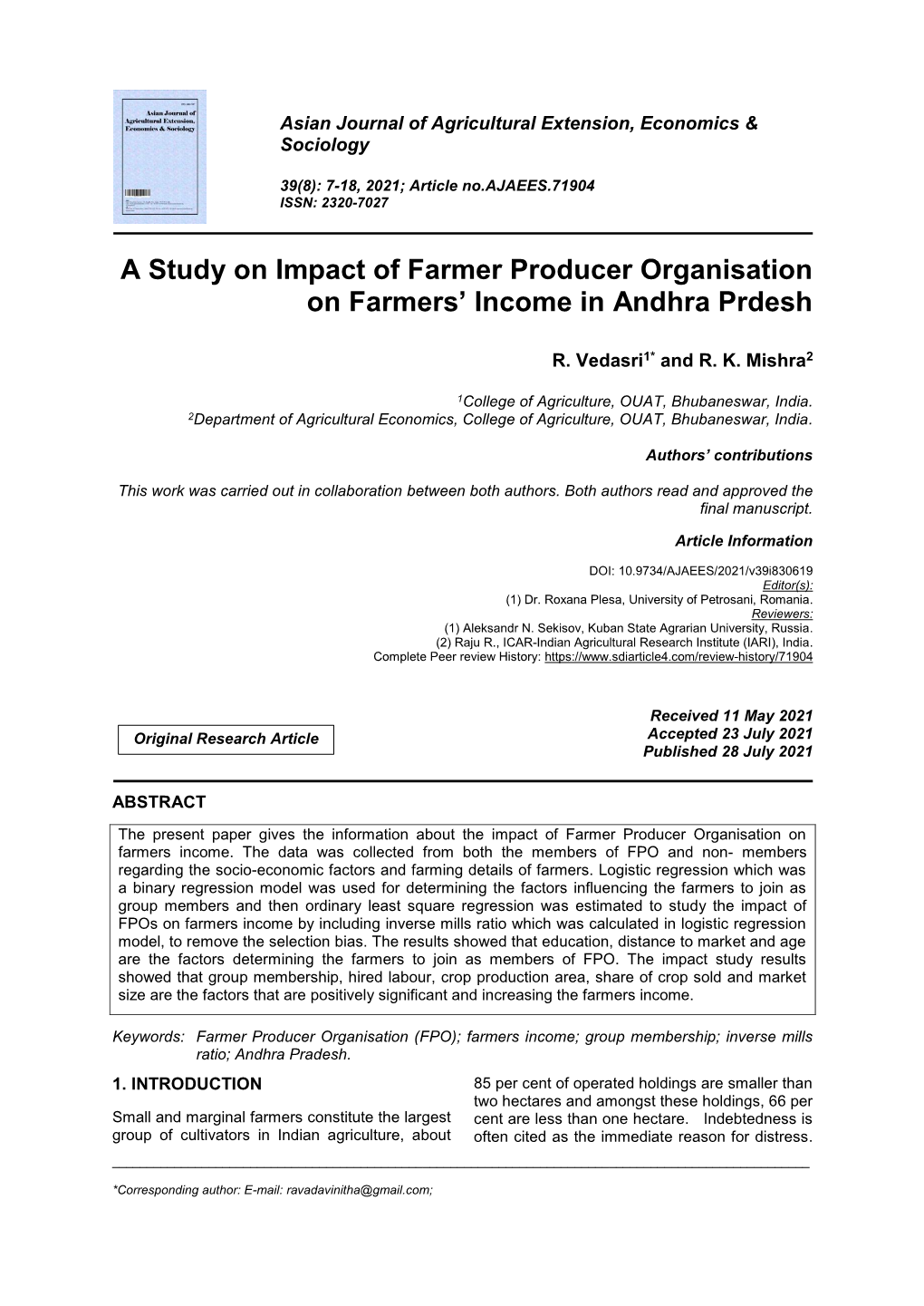 A Study on Impact of Farmer Producer Organisation on Farmers' Income In
