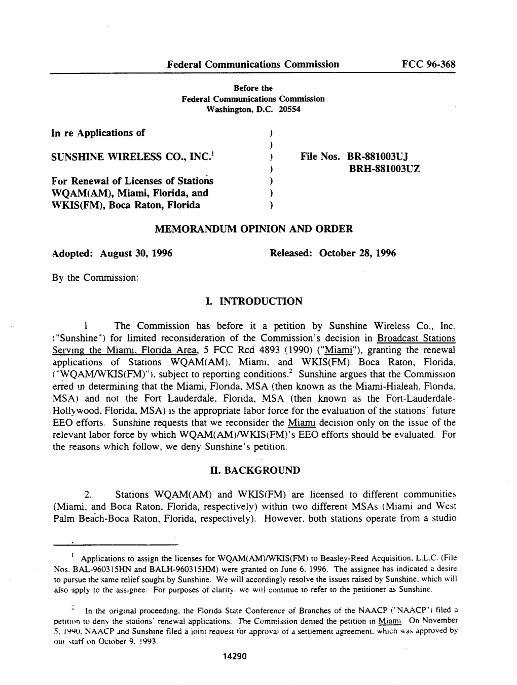 Federal Communications Commission FCC 96-368 in Re Applications Of