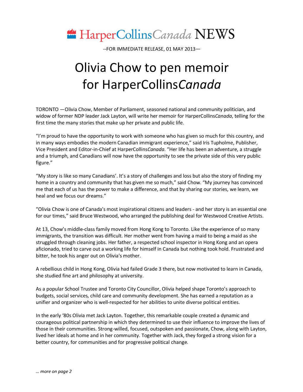 Olivia Chow to Pen Memoir for Harpercollinscanada