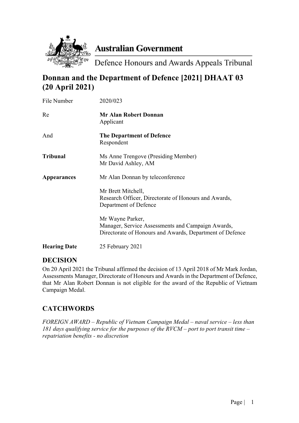 Donnan and the Department of Defence [2021] DHAAT 03 (20 April 2021)