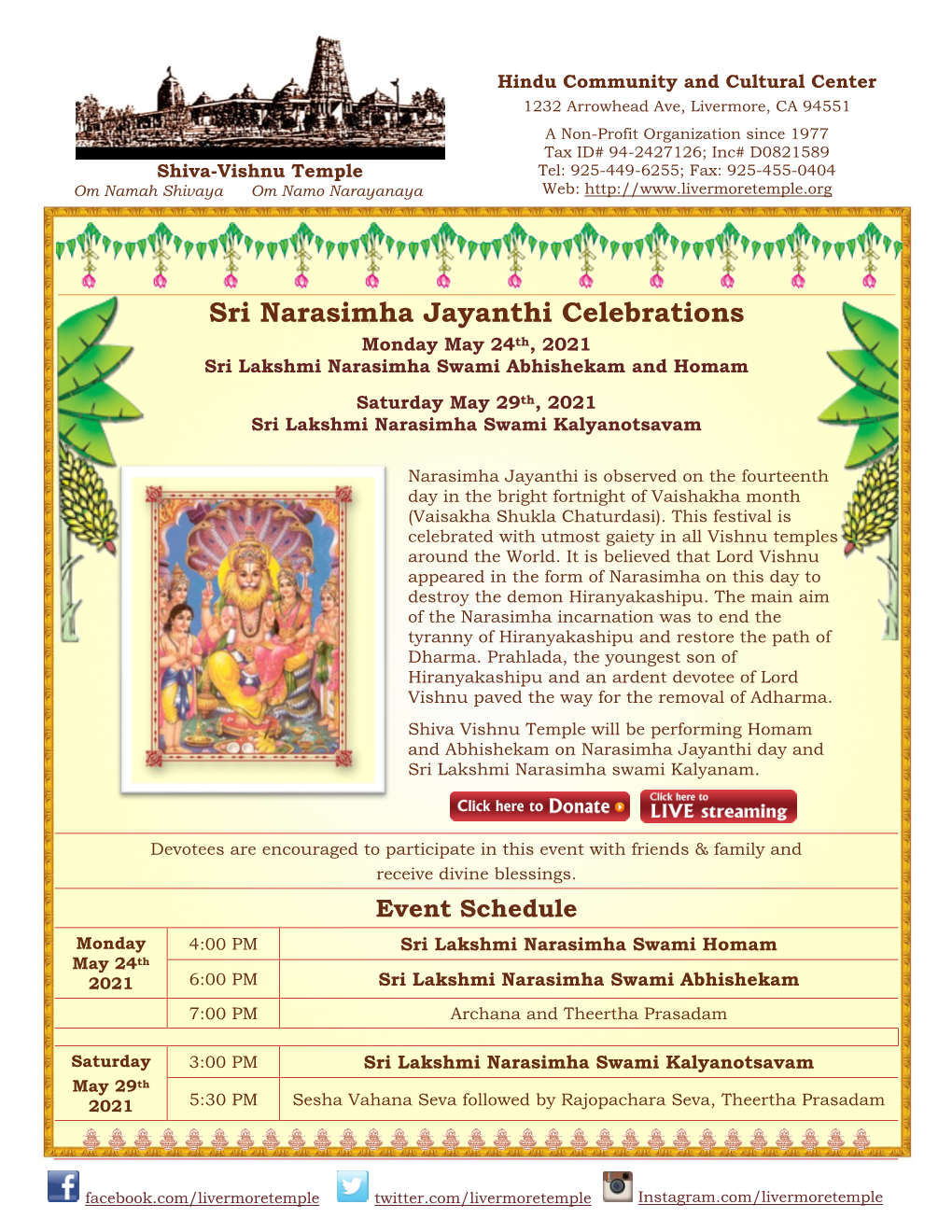 Sri Narasimha Jayanthi Celebrations Monday May 24Th, 2021 Sri Lakshmi Narasimha Swami Abhishekam and Homam