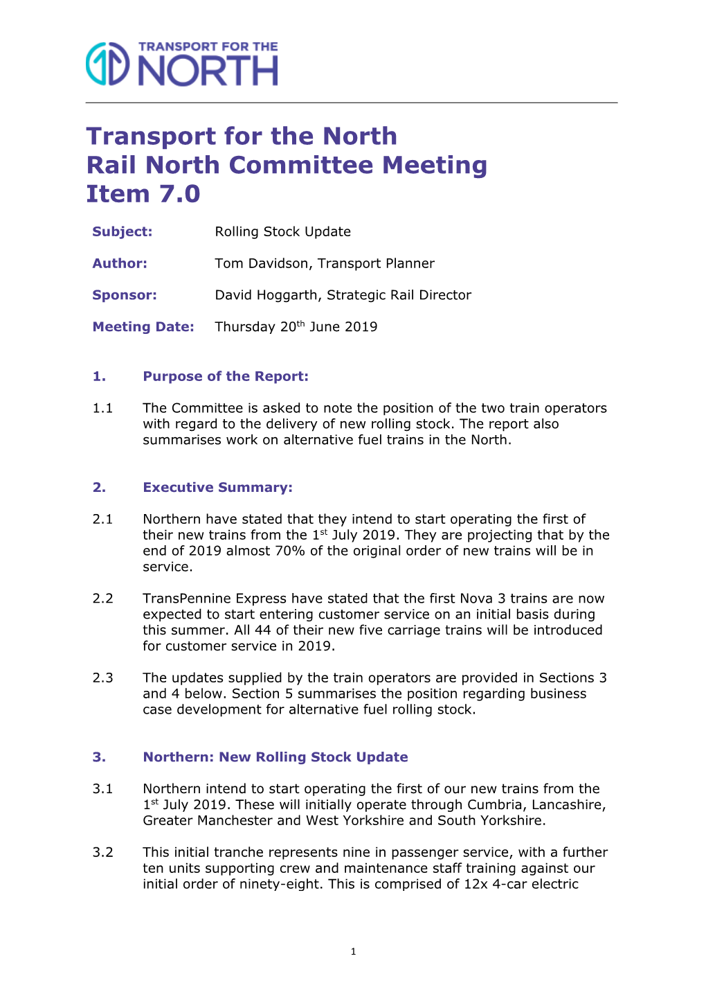 Transport for the North Rail North Committee Meeting Item 7.0