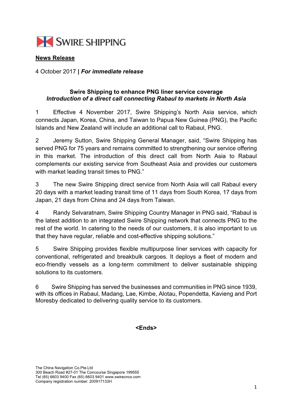 For Immediate Release Swire Shipping to Enhance PNG Liner Service