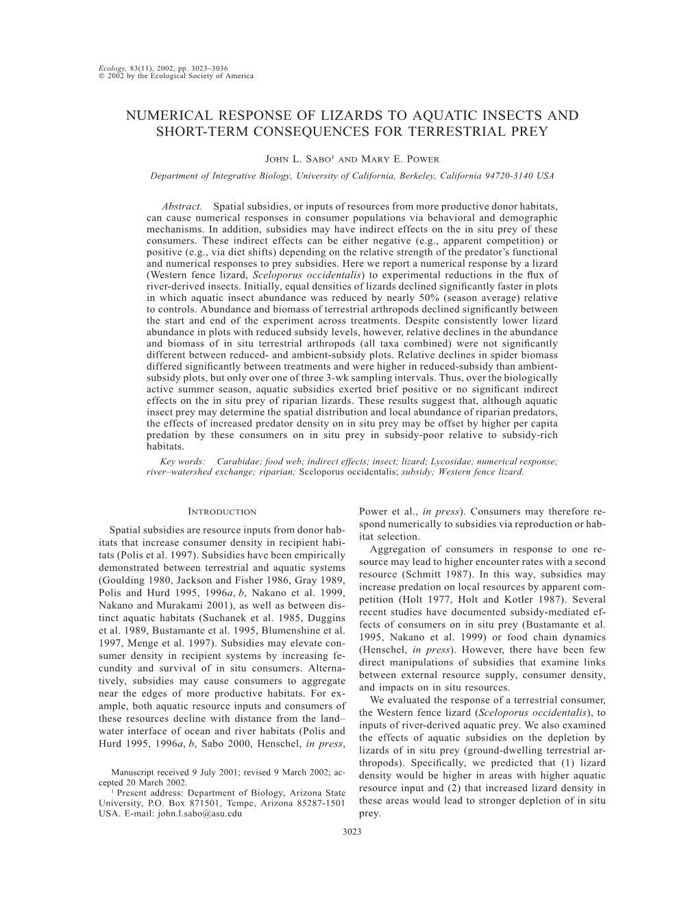 Numerical Response of Lizards to Aquatic Insects and Short-Term Consequences for Terrestrial Prey