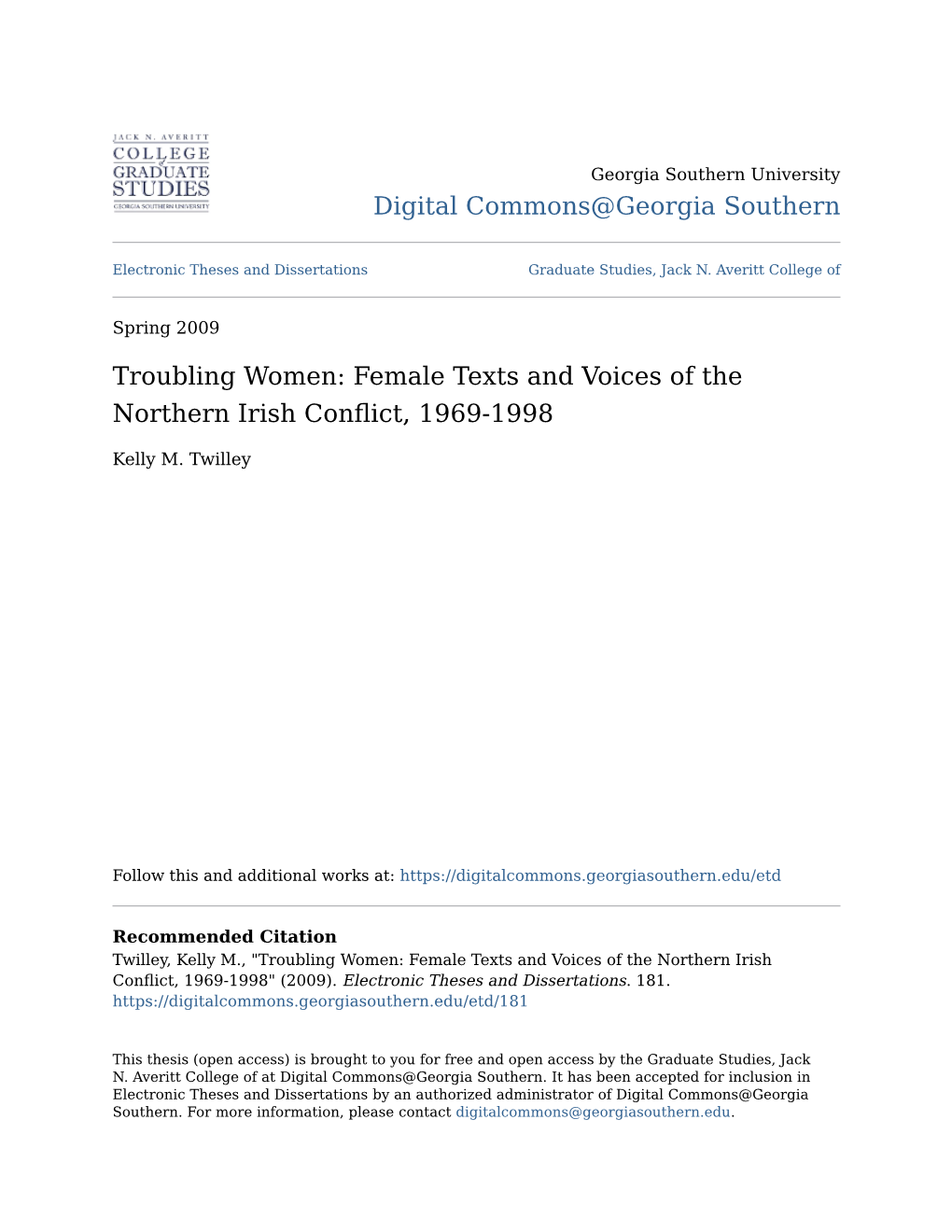 Female Texts and Voices of the Northern Irish Conflict, 1969-1998