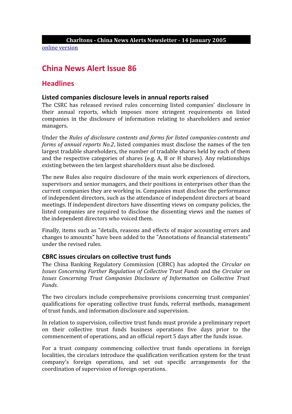 Charltons - China News Alerts Newsletter - 14 January 2005