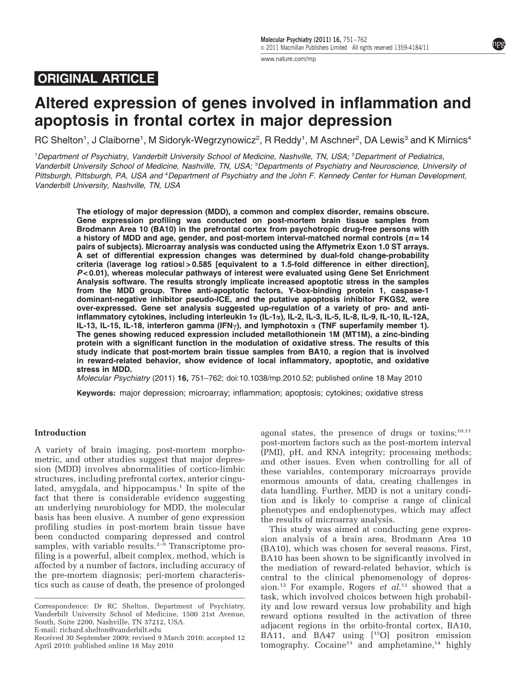 Altered Expression of Genes Involved in Inflammation and Apoptosis in Frontal Cortex in Major Depression