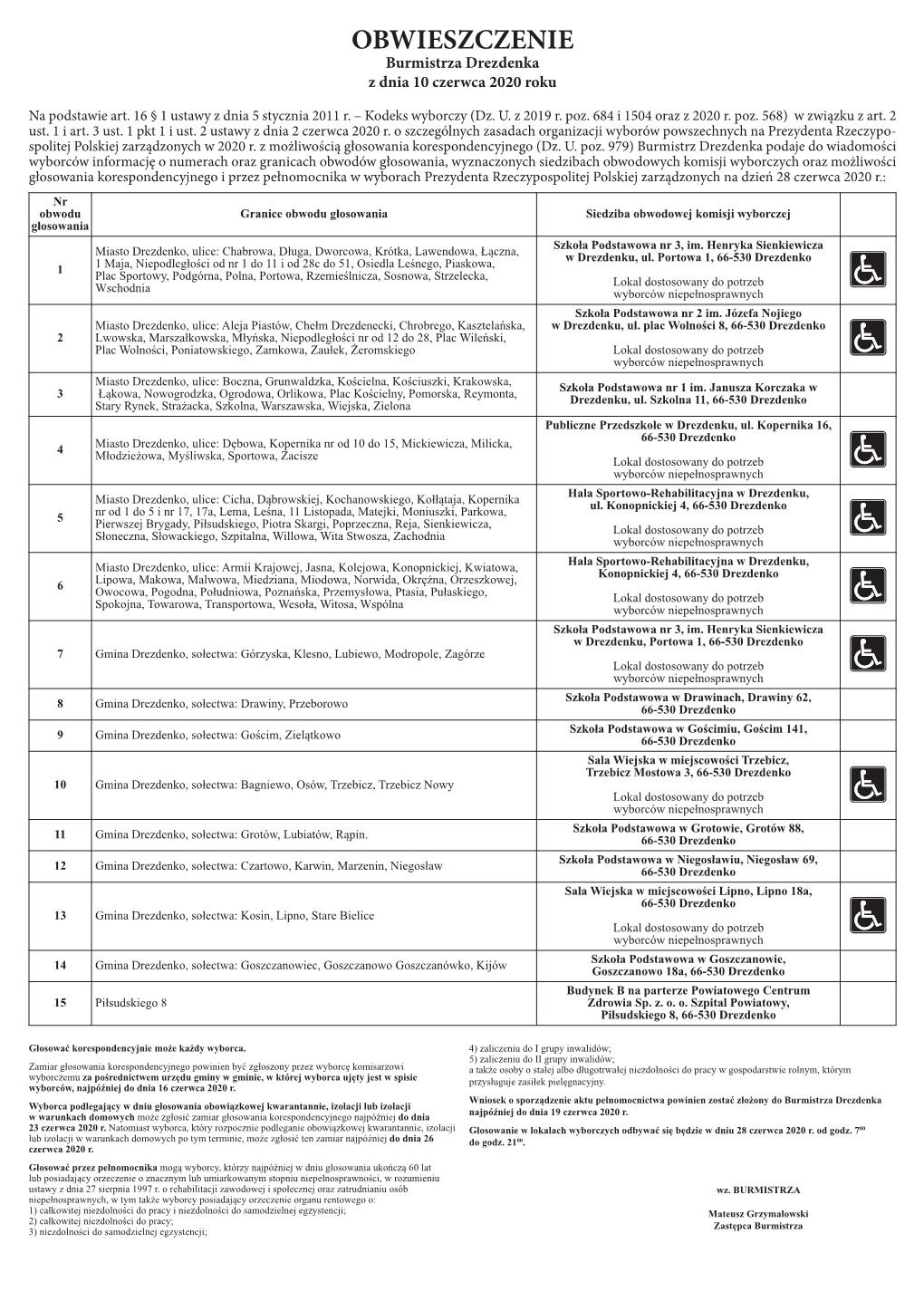 OBWIESZCZENIE Burmistrza Drezdenka Z Dnia 10 Czerwca 2020 Roku