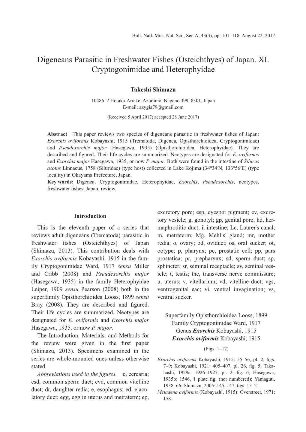 Digeneans Parasitic in Freshwater Fishes (Osteichthyes) of Japan. XI