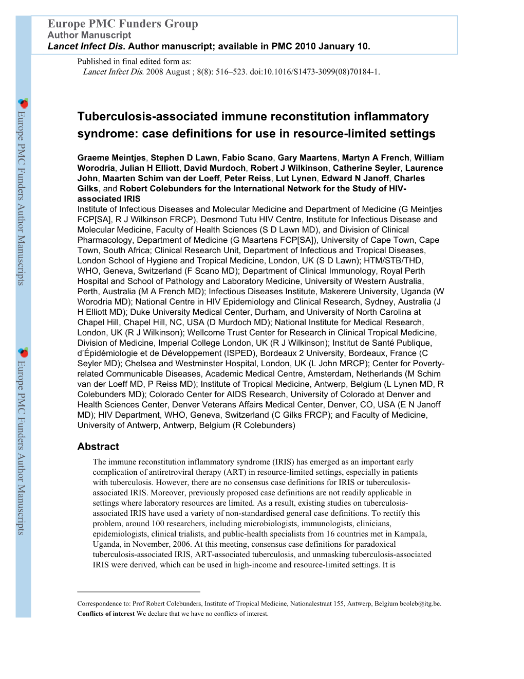 Tuberculosis-Associated Immune Reconstitution Inflammatory Syndrome: Case Definitions for Use in Resource-Limited Settings