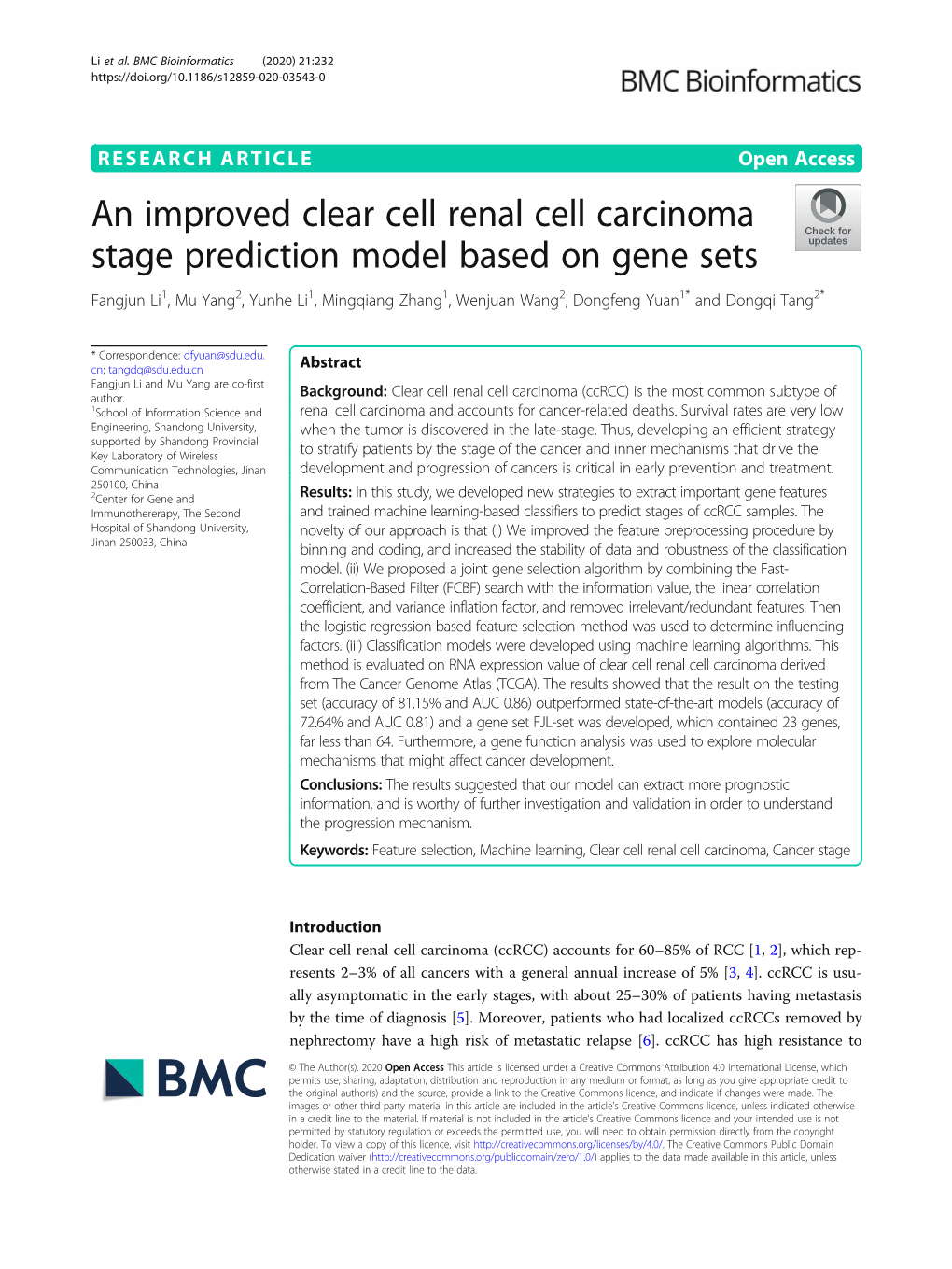 An Improved Clear Cell Renal Cell Carcinoma Stage Prediction Model Based on Gene Sets