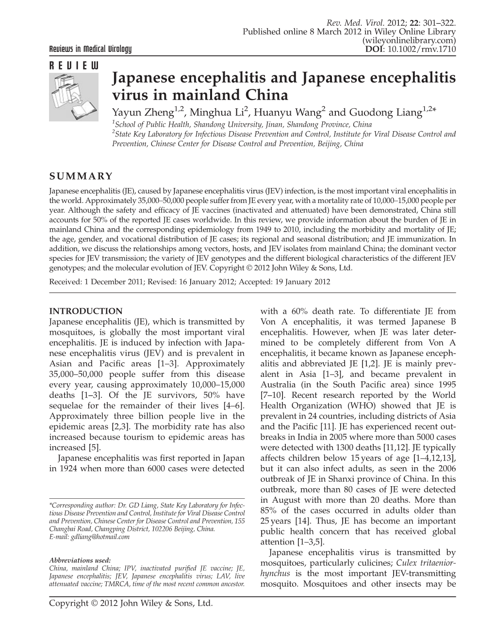Japanese Encephalitis and Japanese Encephalitis Virus in Mainland China