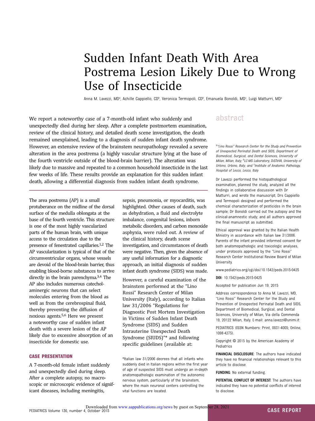 Sudden Infant Death with Area Postrema Lesion Likely Due to Wrong Use of Insecticide Anna M