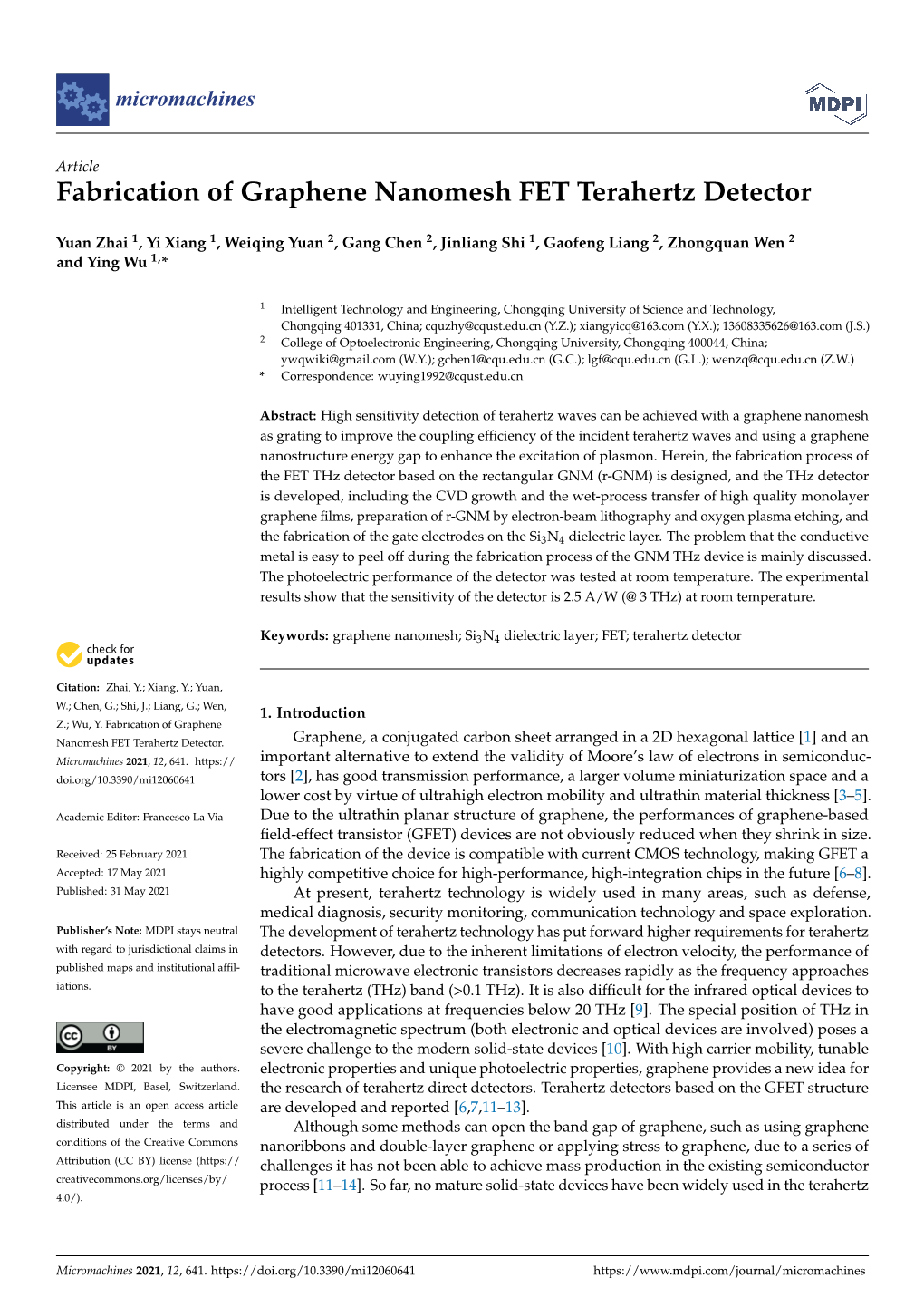 Fabrication of Graphene Nanomesh FET Terahertz Detector