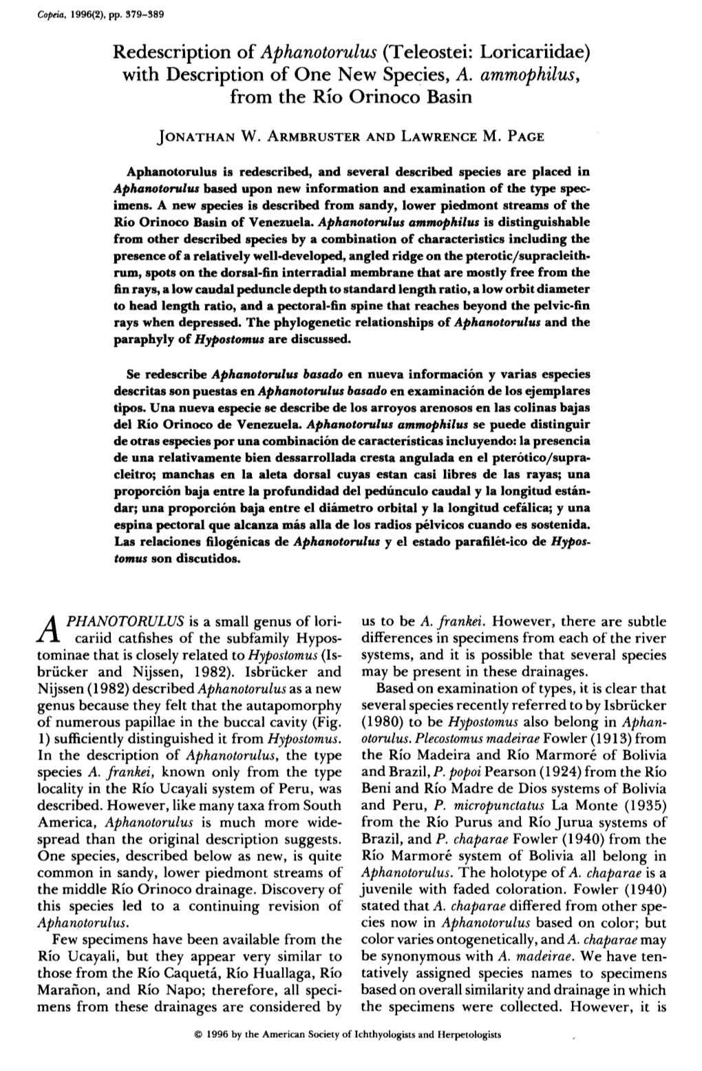 Redescription of Aphanotorulus (Teleostei: Loricariidae) with Description of One New Species, A