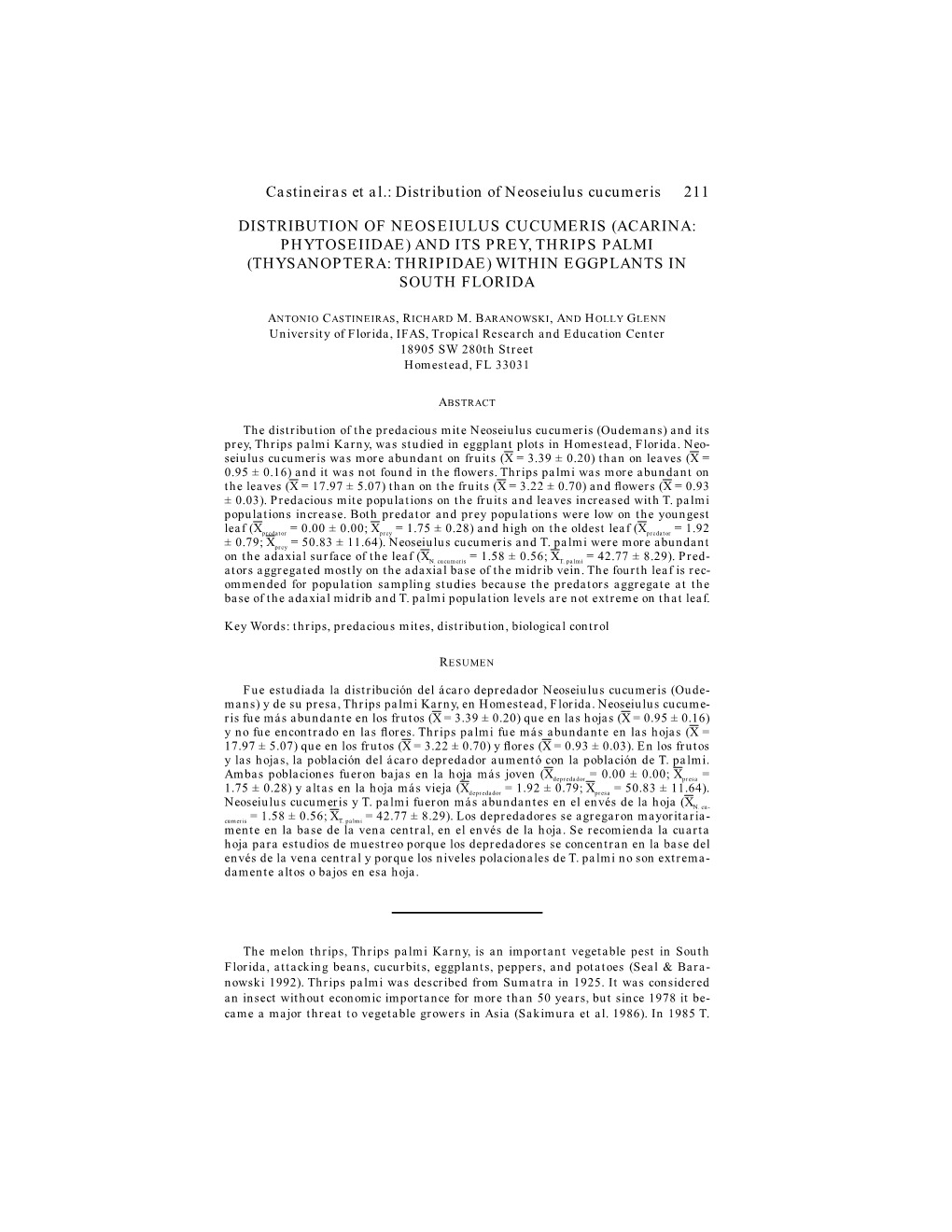 Castineiras Et Al.: Distribution of Neoseiulus Cucumeris 211
