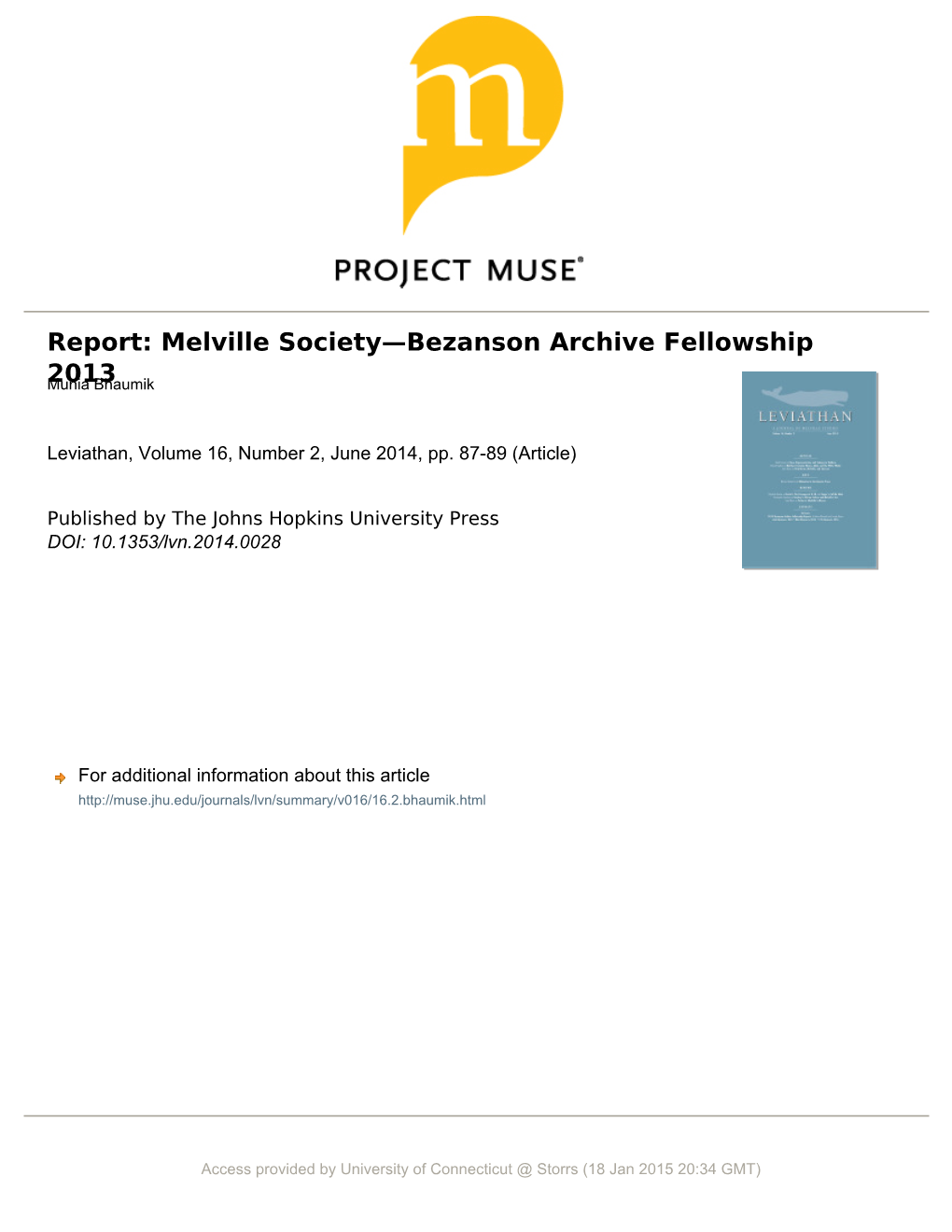 Melville Society—Bezanson Archive Fellowship 2013