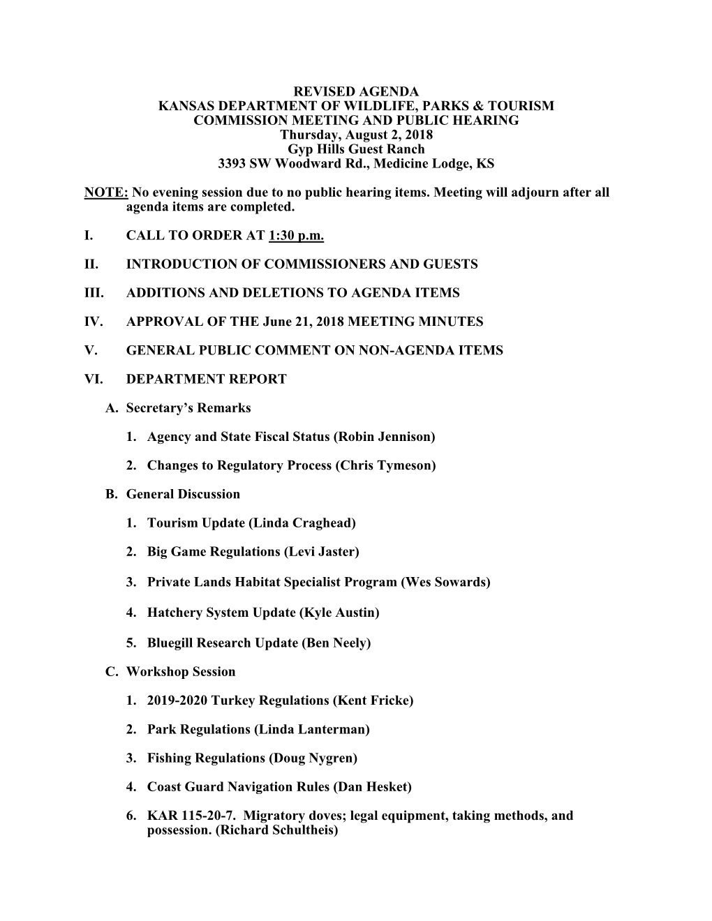 Revised Agenda Kansas Department of Wildlife