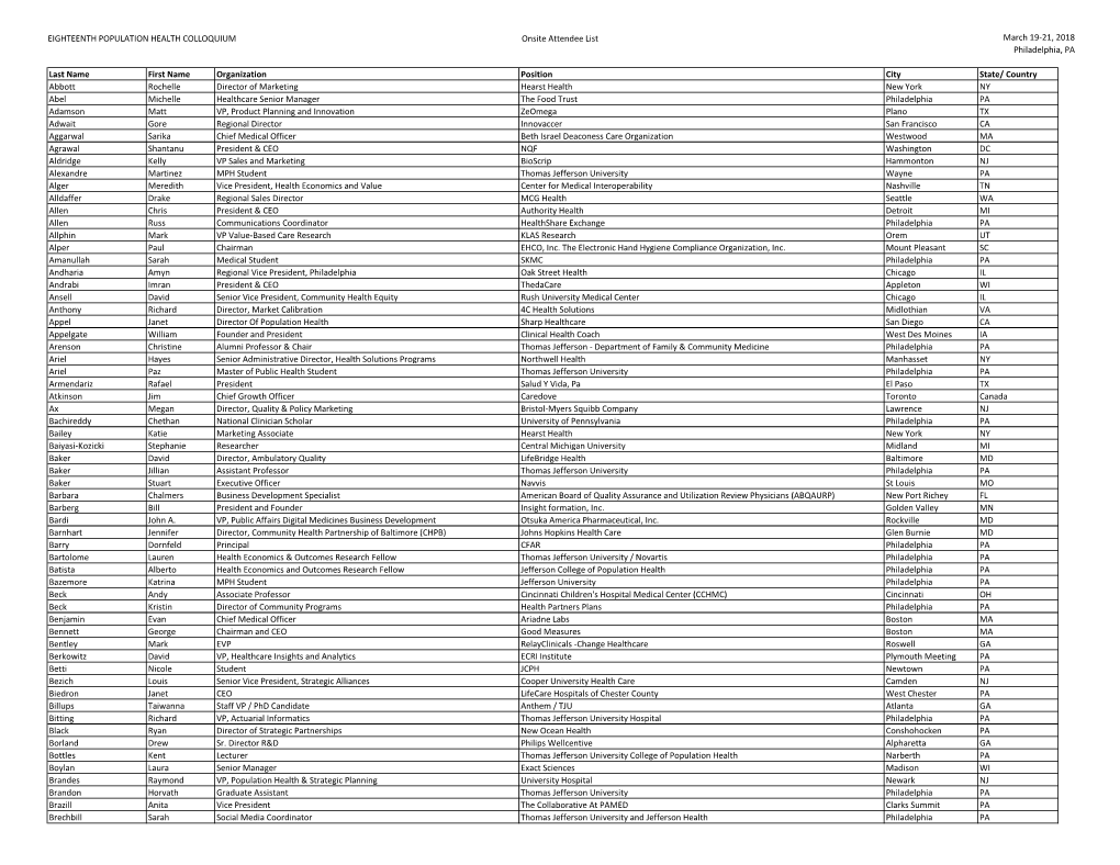 EIGHTEENTH POPULATION HEALTH COLLOQUIUM Onsite Attendee List March 19-21, 2018 Philadelphia, PA