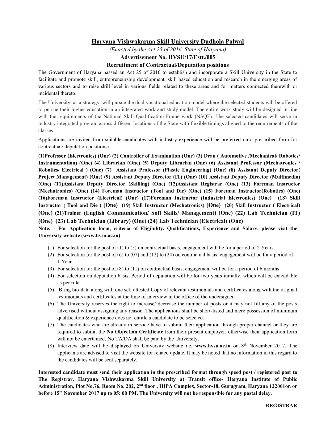 Haryana Vishwakarma Skill University Dudhola Palwal (Enacted by the Act 25 of 2016, State of Haryana) Advertisement No