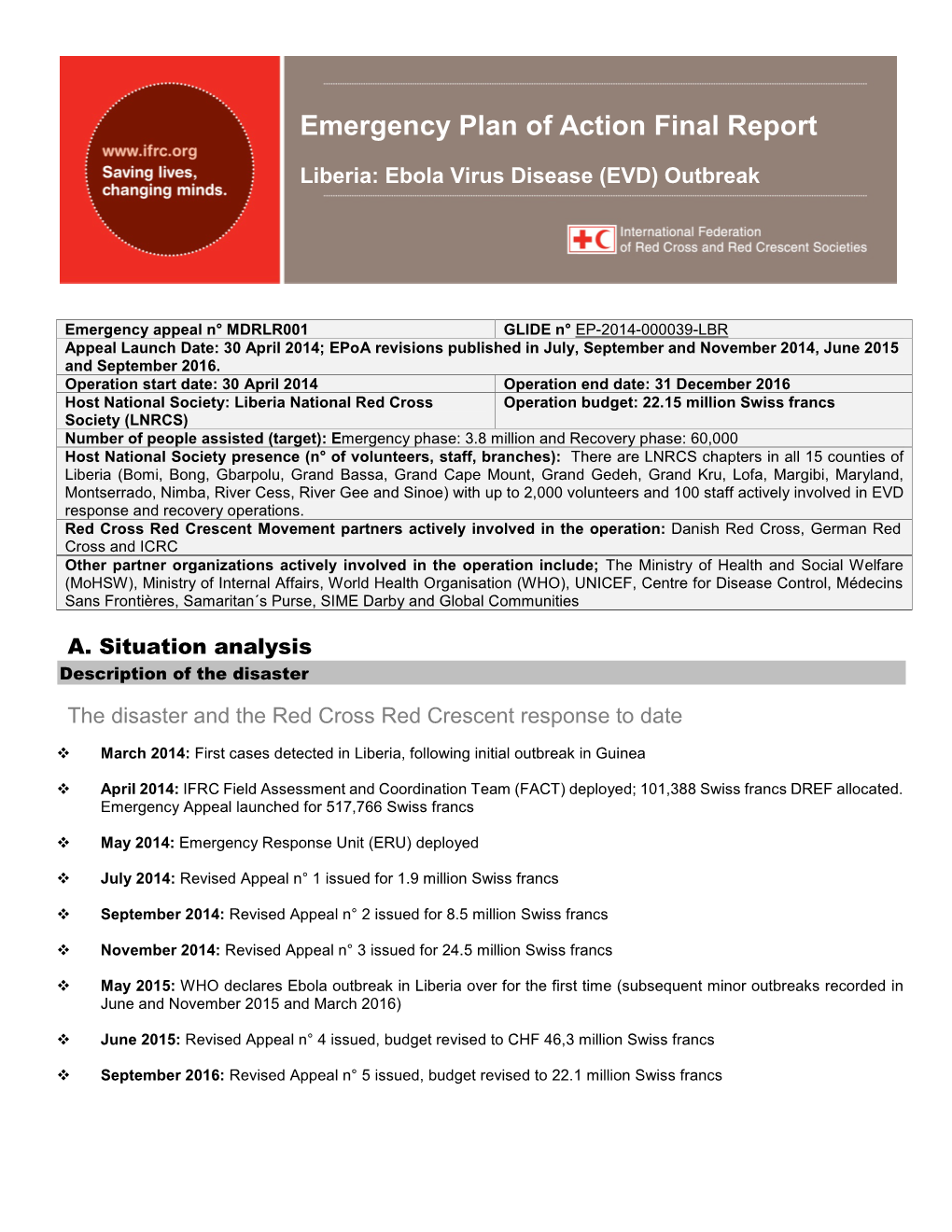 Emergency Plan of Action Final Report Liberia: Ebola Virus Disease (EVD) Outbreak