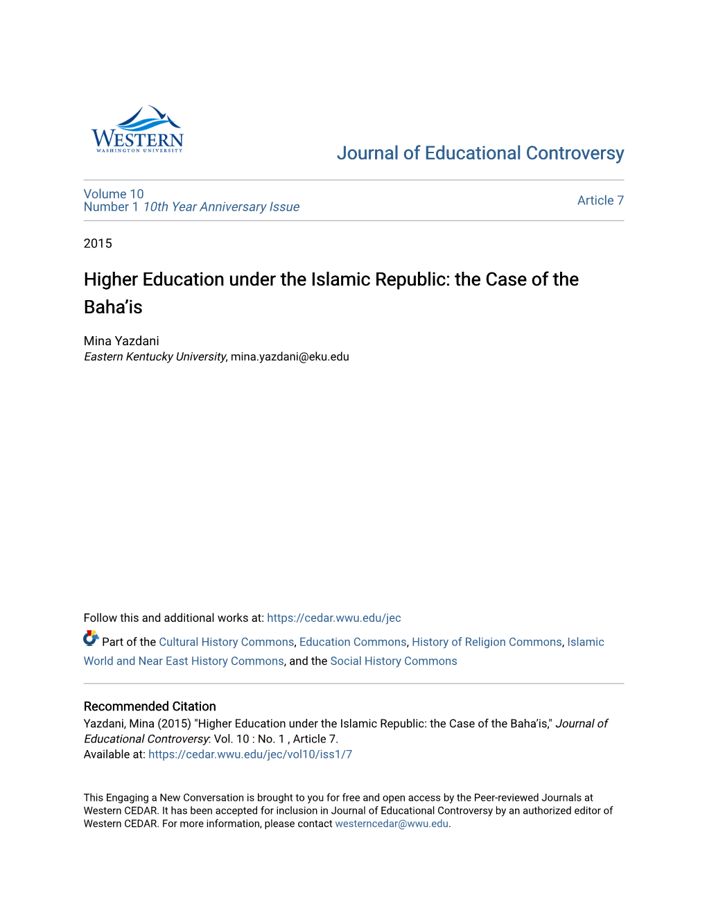 Higher Education Under the Islamic Republic: the Case of the Baha'is