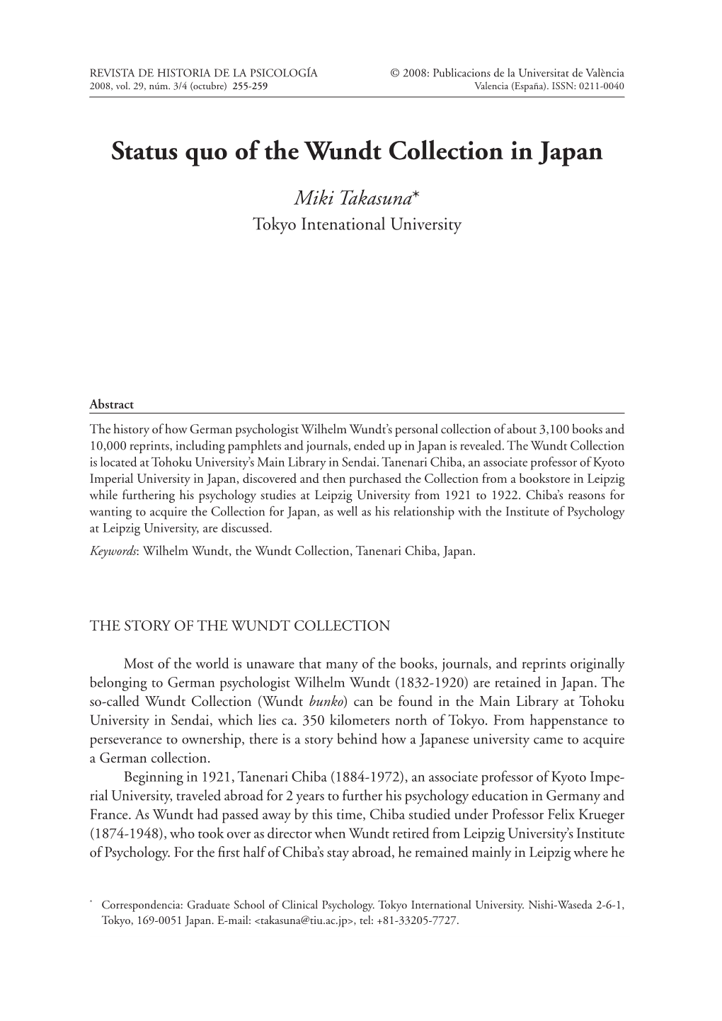 Status Quo of the Wundt Collection in Japan