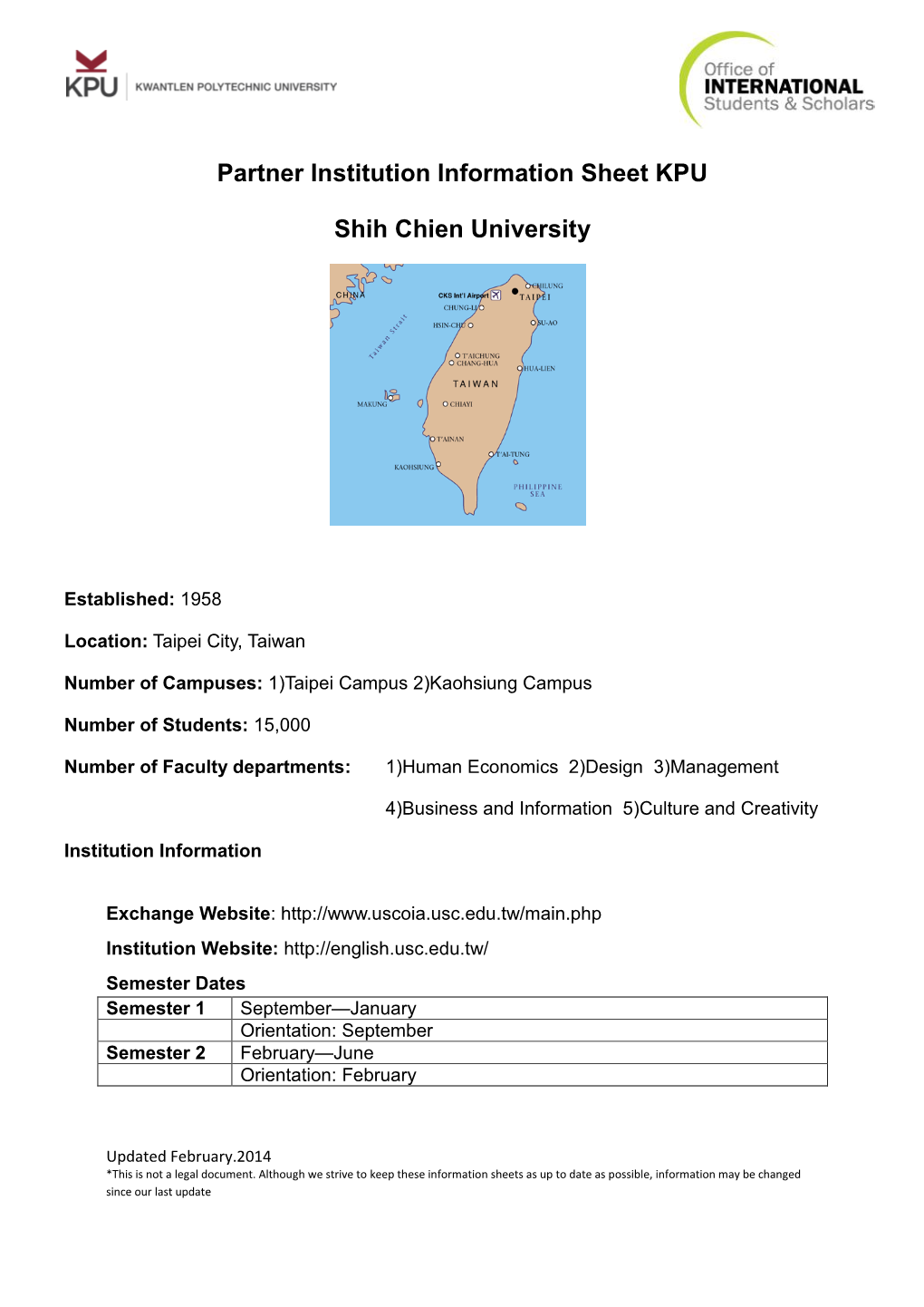 Partner Institution Information Sheet KPU Shih Chien University