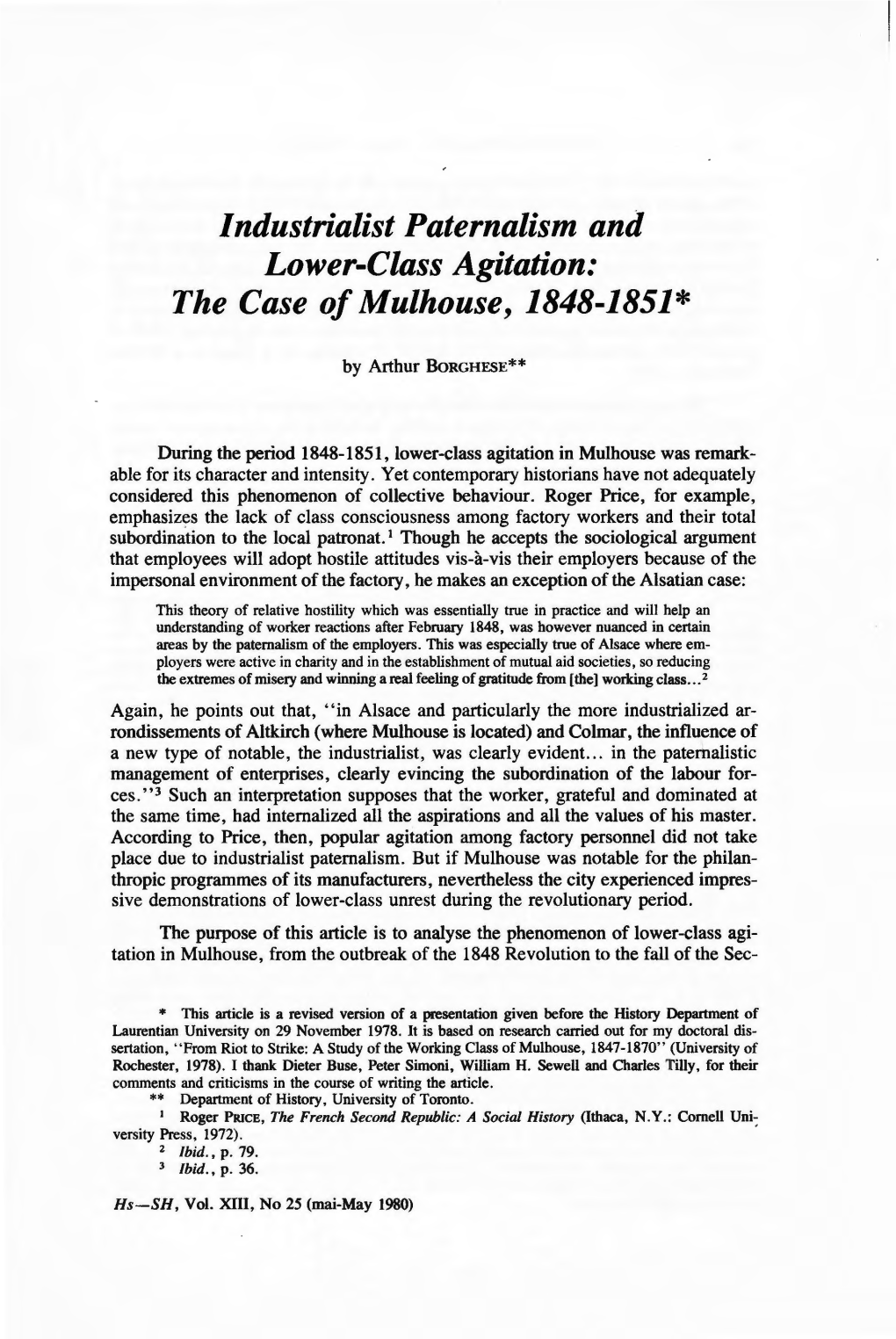 Industrialist Paternalism and Lower-Class Agitation: the Case of Mulhouse, 1848-1851*