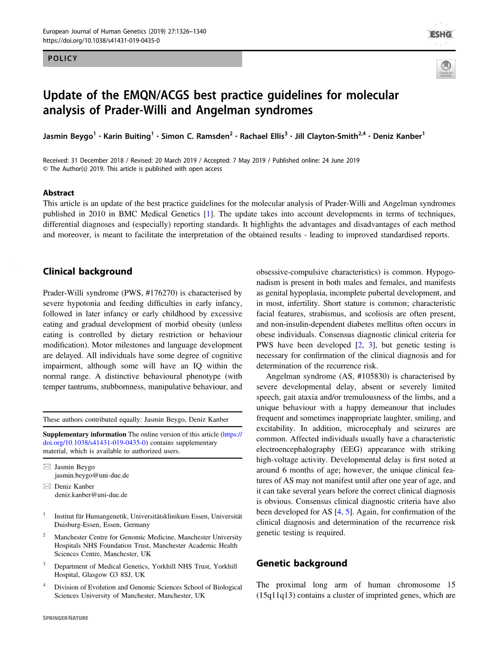 Update of the EMQN/ACGS Best Practice Guidelines for Molecular Analysis of Prader-Willi and Angelman Syndromes