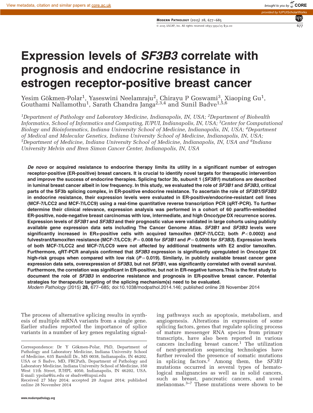 Expression Levels of SF3B3 Correlate with Prognosis And