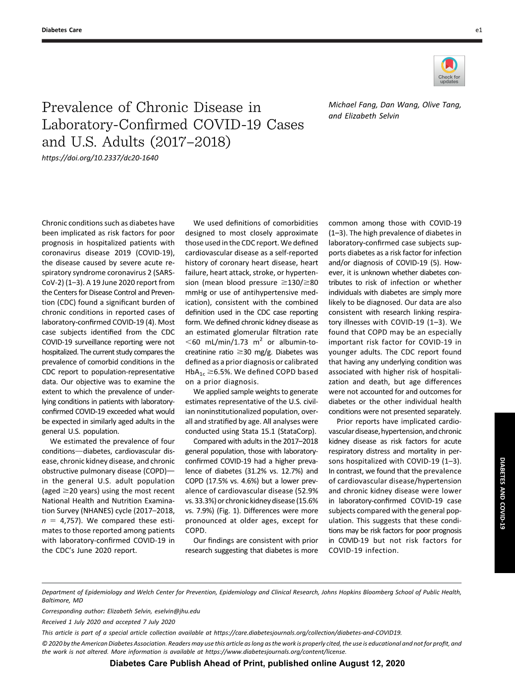 Prevalence of Chronic Disease in Laboratory