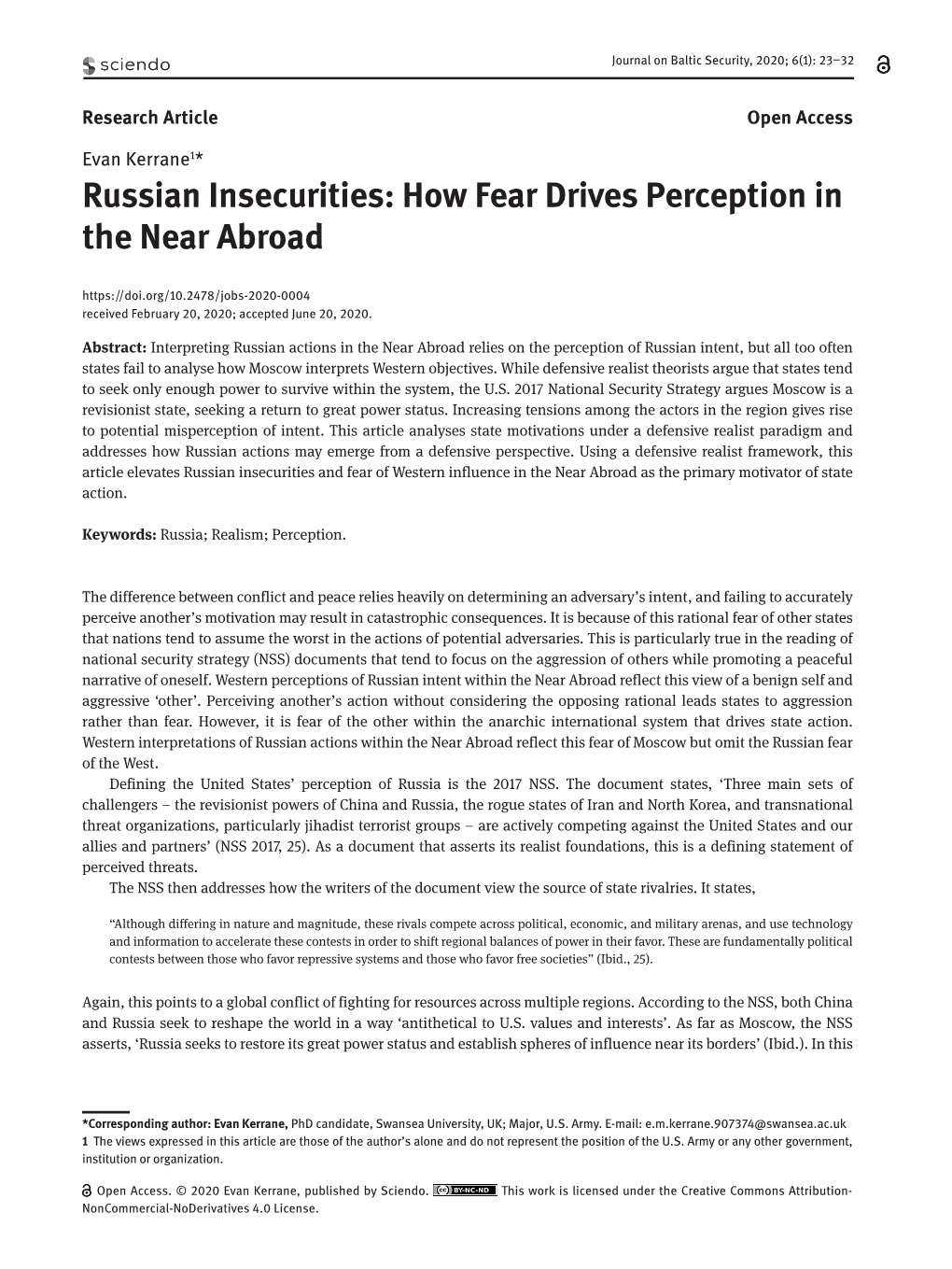 Russian Insecurities: How Fear Drives Perception in the Near Abroad Received February 20, 2020; Accepted June 20, 2020