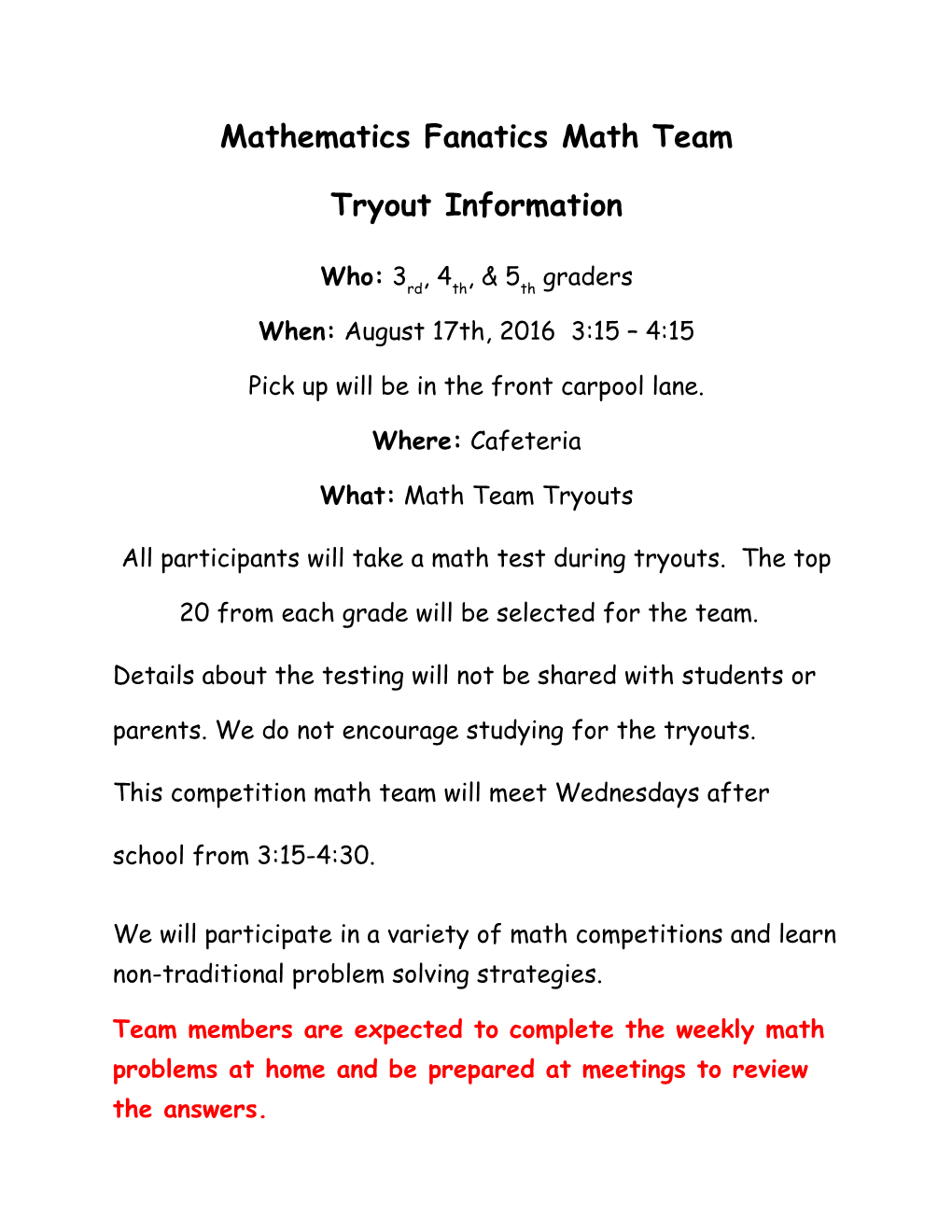 Mathematics Fanatics Math Team Tryout Information