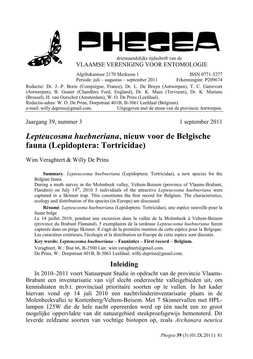 Driemaandelijks Tijdschrift Van De VLAAMSE VERENIGING VOOR ENTOMOLOGIE