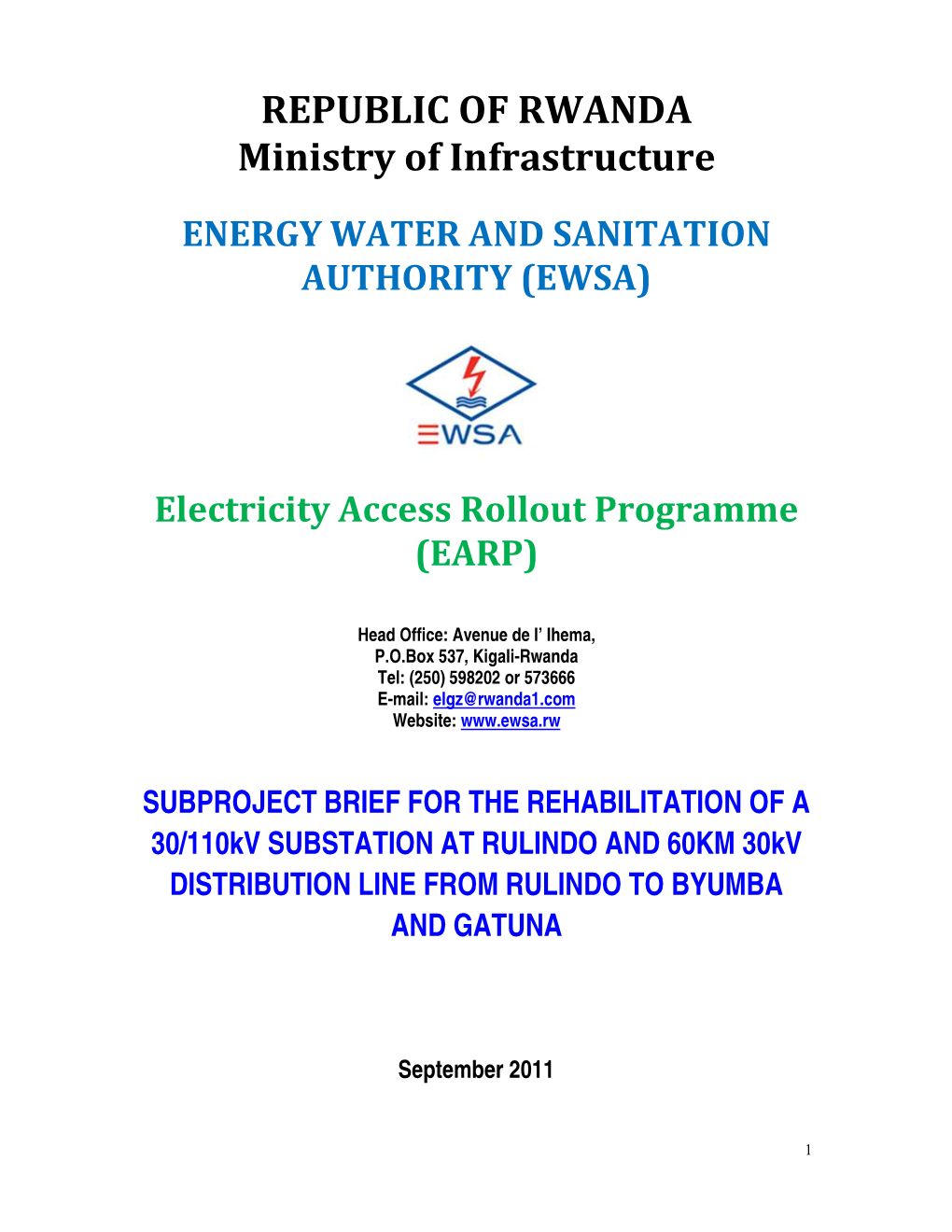 REPUBLIC of RWANDA Ministry of Infrastructure