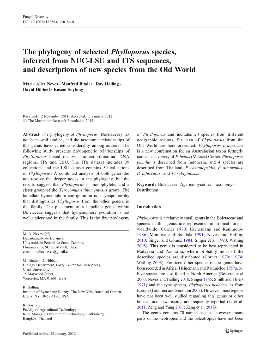 The Phylogeny of Selected Phylloporus Species, Inferred from NUC-LSU and ITS Sequences, and Descriptions of New Species from the Old World