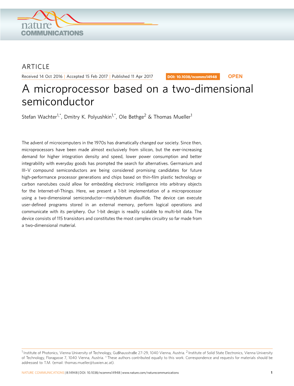 A Microprocessor Based on a Two-Dimensional Semiconductor