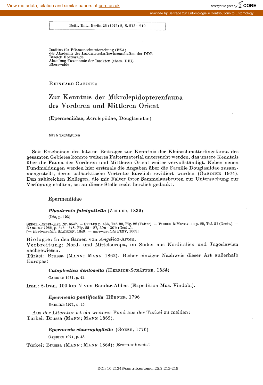 Zur Kenntnis Der Mikrolepidopterenfauna Des Vorderen Und Mittleren Orient