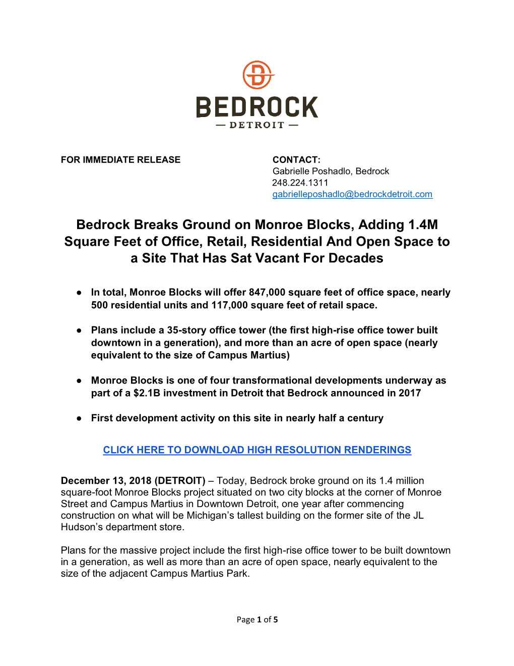 Bedrock Breaks Ground on Monroe Blocks, Adding 1.4M Square Feet of Office, Retail, Residential and Open Space to a Site That Has Sat Vacant for Decades