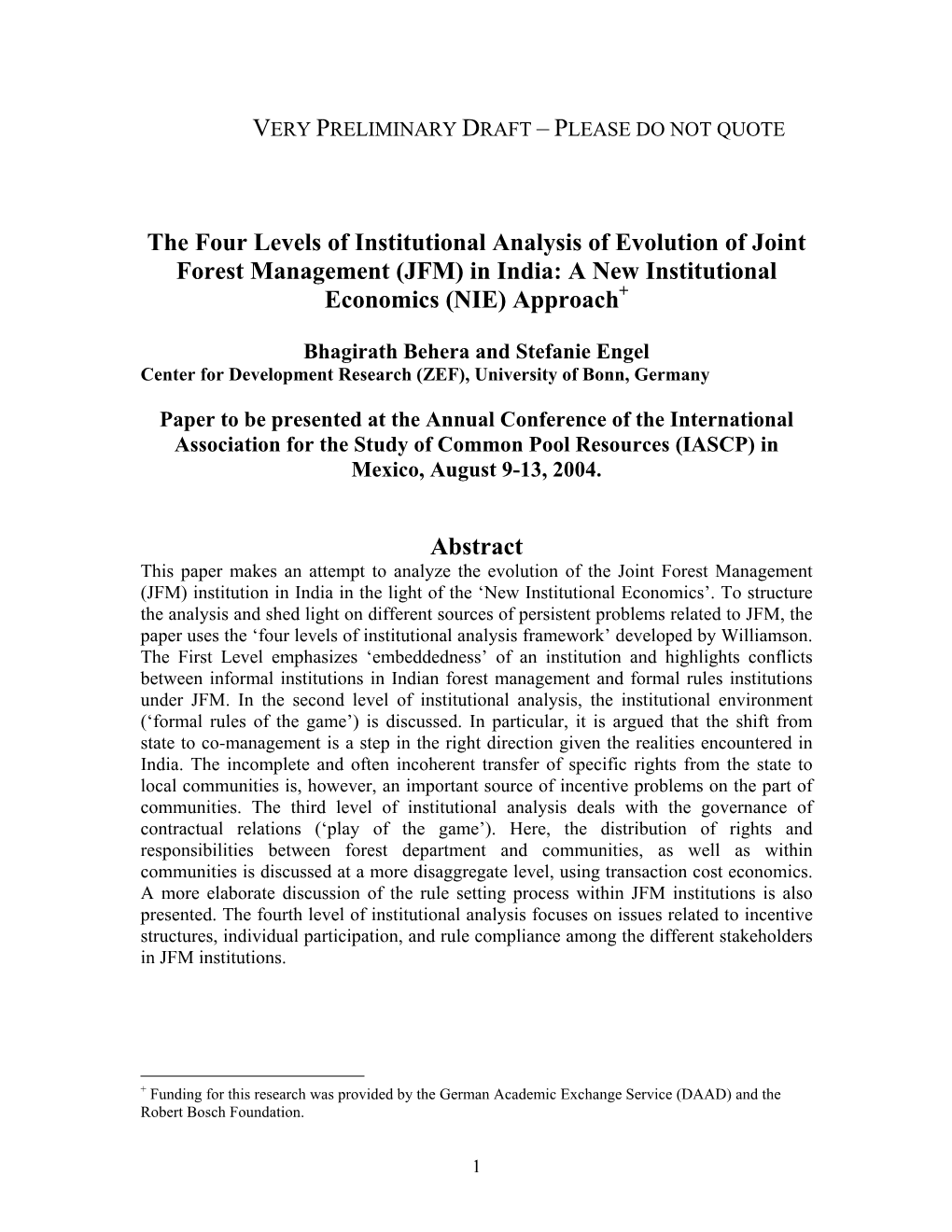 The Four Levels of Institutional Analysis of Evolution of Joint Forest Management (JFM) in India: a New Institutional Economics (NIE) Approach+