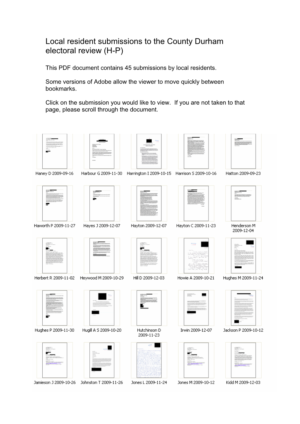 Local Resident Submissions to the County Durham Electoral Review (H-P)