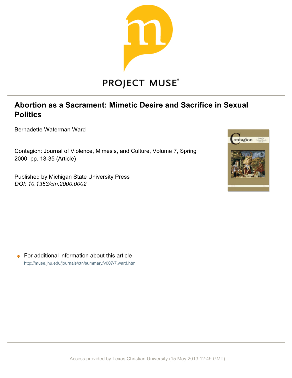 Abortion As a Sacrament: Mimetic Desire and Sacrifice in Sexual Politics