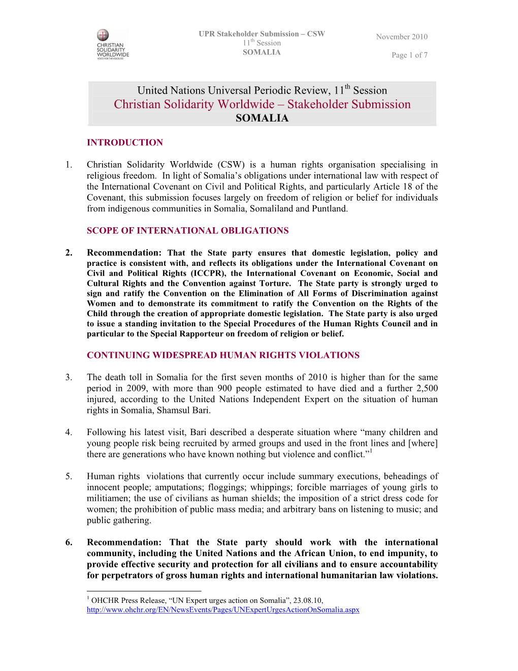 Christian Solidarity Worldwide – Stakeholder Submission SOMALIA