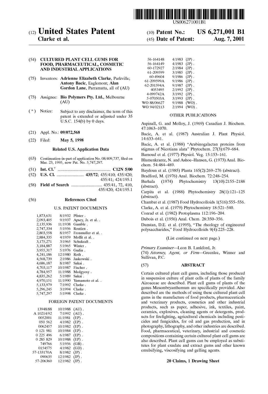 United States Patent (10) Patent N0.: US 6,271,001 B1 Clarke Et Al